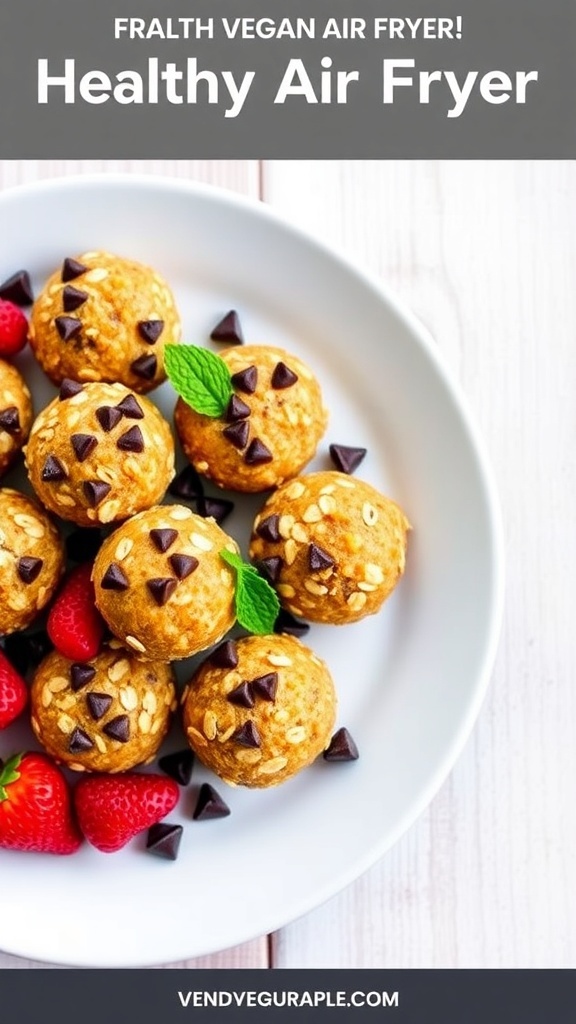 Healthy Vegan Air Fryer Dessert Recipes Healthy vegan air fryer dessert balls made from oats and bananas, garnished with berries on a wooden table.